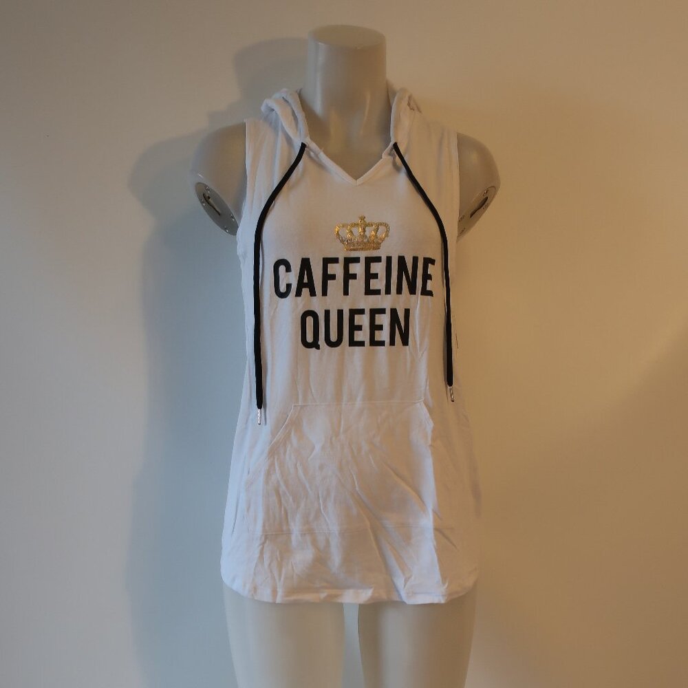 NWT Womens Just Live "Caffeine Queen" White, Black Hooded Tank Top M